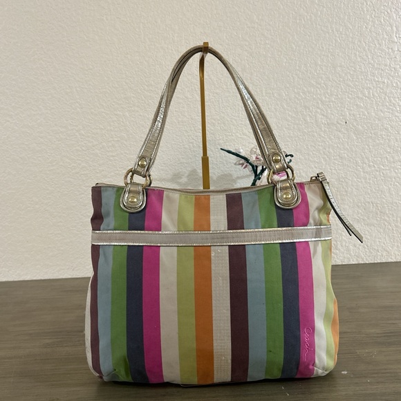 COACH 19021 POPPY LEGACY STRIPE GLAM TOTE Shoulder Bag Sequins Multicolor - Picture 2 of 8